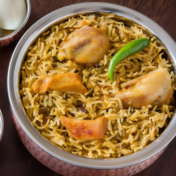 Aachi Biryani's chicken biryani in a copper pot, garnished with a green chili.