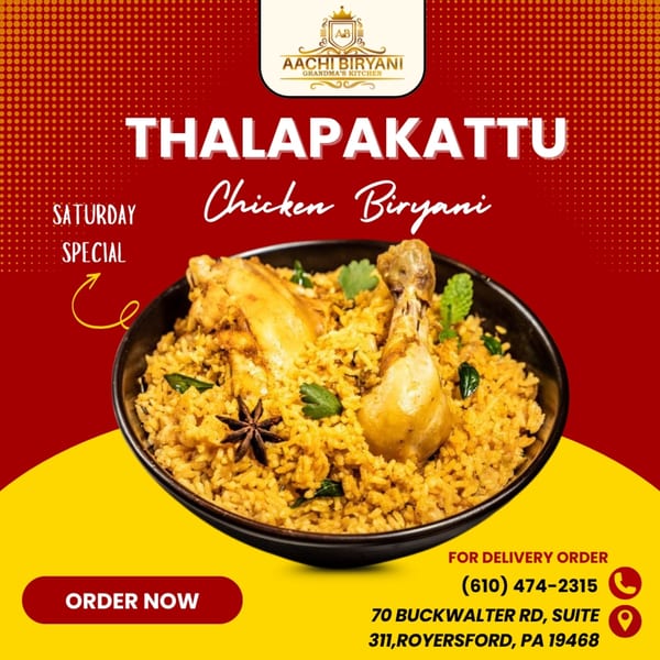 Aachi Biryani's Thalapakattu Chicken Biryani, a Saturday special, in a black bowl with spices.
