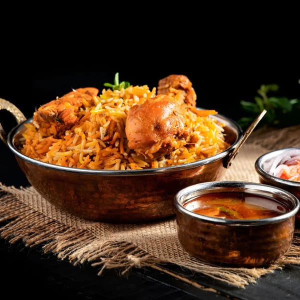 Aachi Biryani's chicken biryani in a copper pot, with two small bowls of sauce and onions.