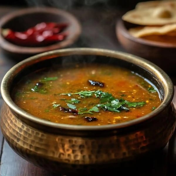 Steaming Indian dal in a hammered brass bowl, garnished with cilantro, with chilies and flatbread in background.