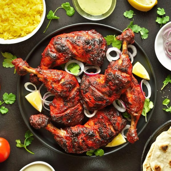Aachi Biryani's Indian tandoori chicken legs with onions, lemon, cilantro, rice, and naan.