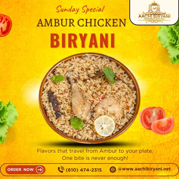 Aachi Biryani's Ambur Chicken Biryani with chicken pieces, rice, mint, and lemon on a yellow background.