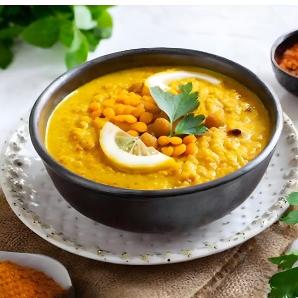 Aachi Biryani's yellow lentil dal, garnished with chickpeas, a lemon slice, and fresh parsley.