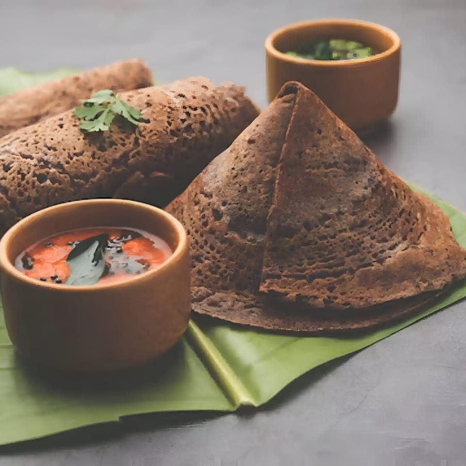 Brown Indian dosa, one folded and two rolled, with two small bowls of sauce on a banana leaf.